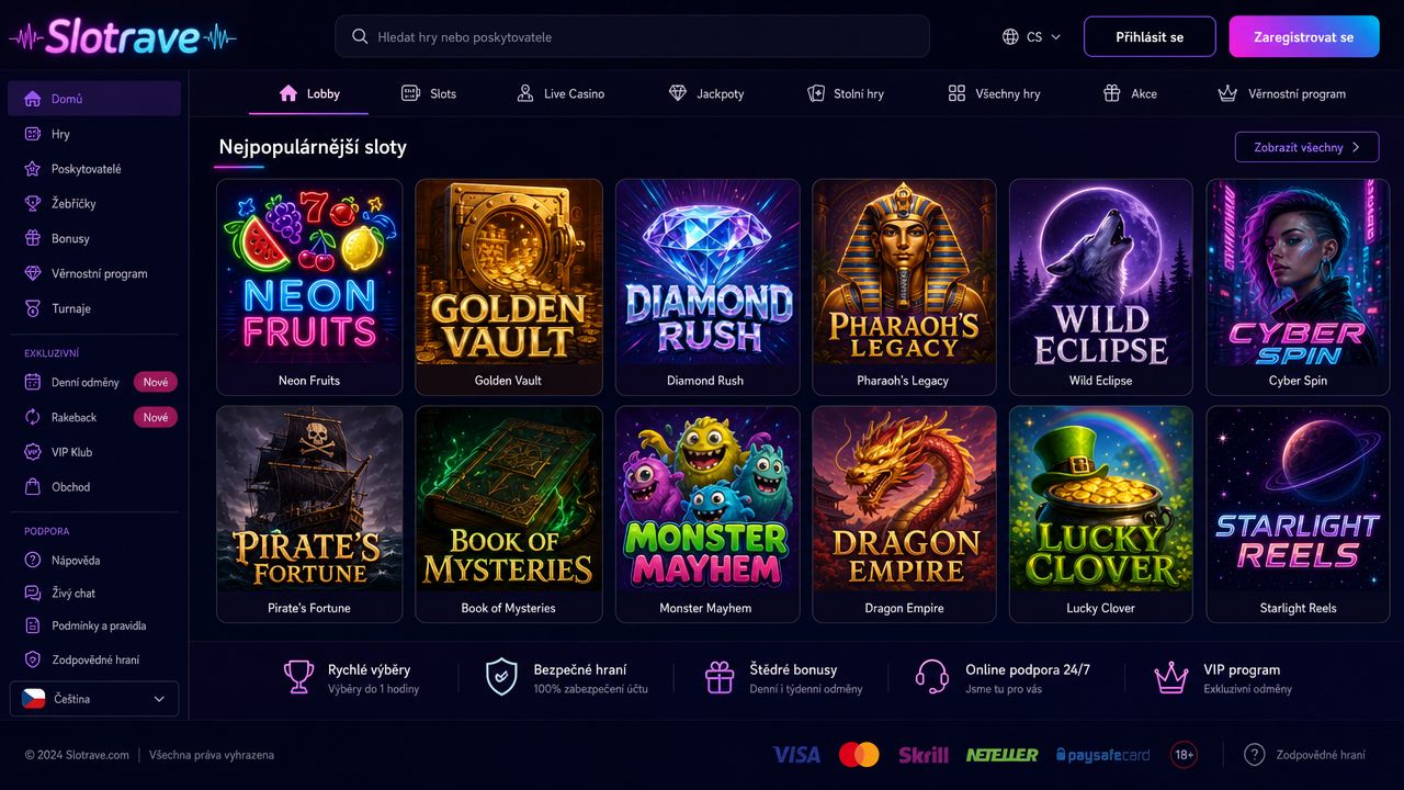 Náhled webové stránky online casina Slotrave