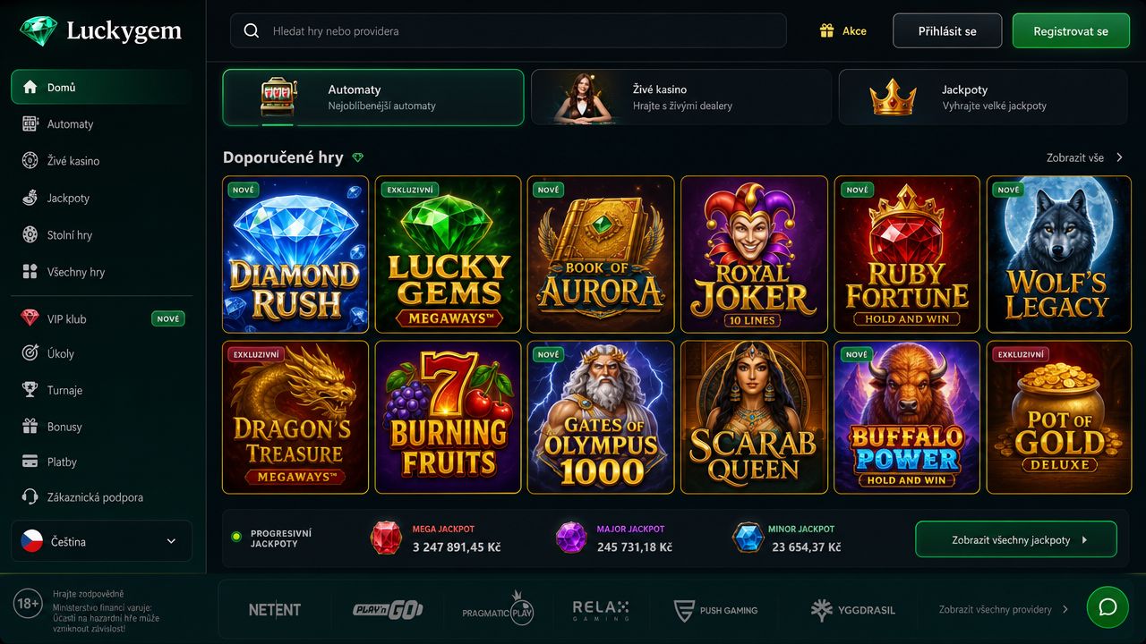 Ukázka webové stránky a herní nabídky online casina Luckygem