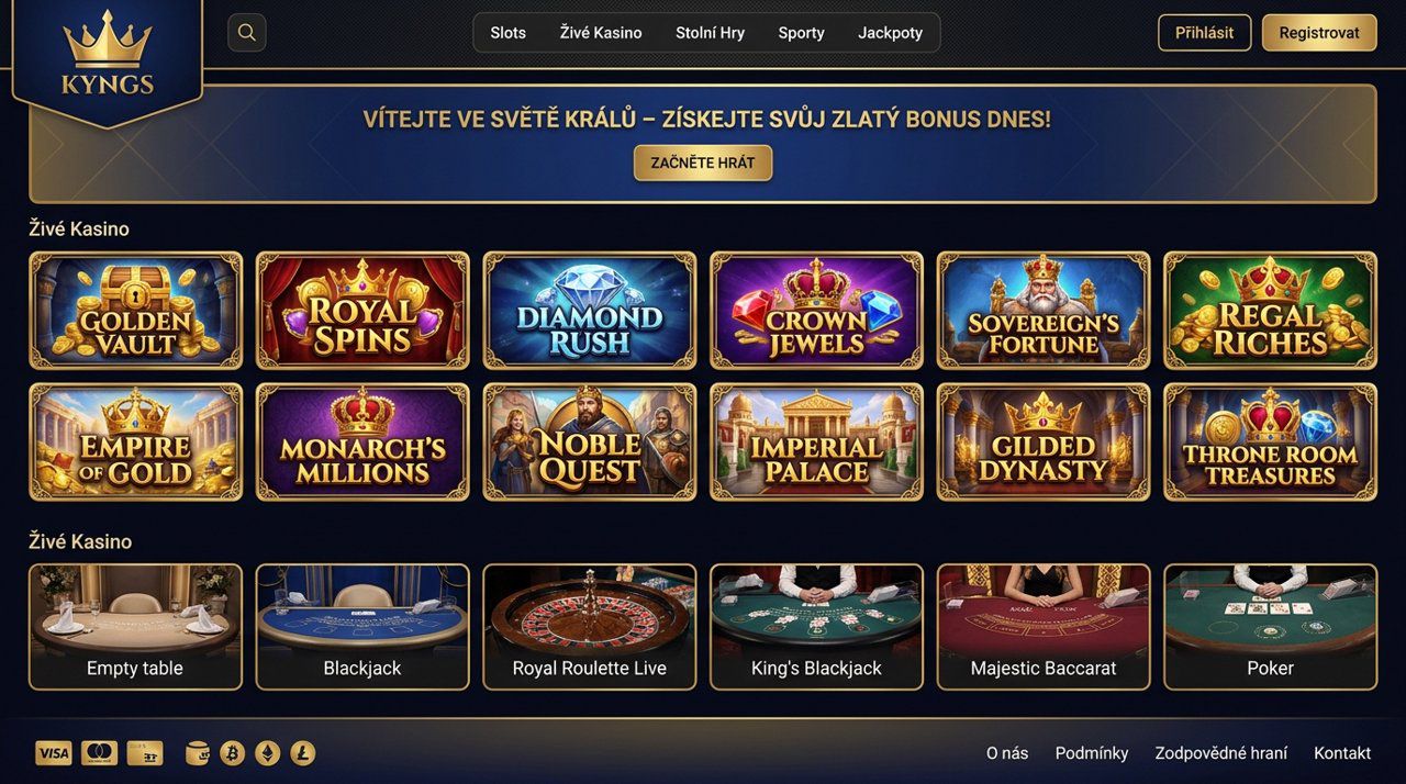 Ukázka webu online casina Kyngs s nabídkou her a bonusů