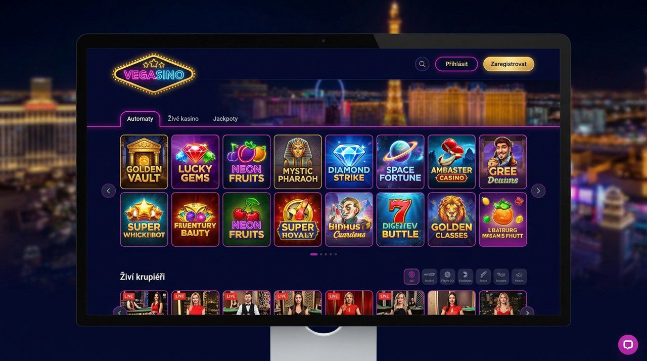 Úvodní stránka online casina Vegasino s nabídkou automatů, živého kasina a jackpotů