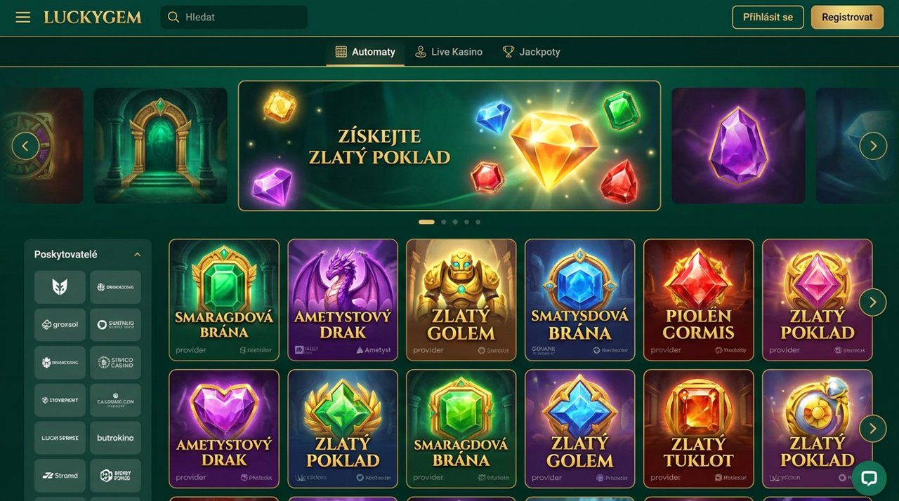 Úvodní stránka online casina Luckygem s nabídkou automatů, živého kasina a jackpotů