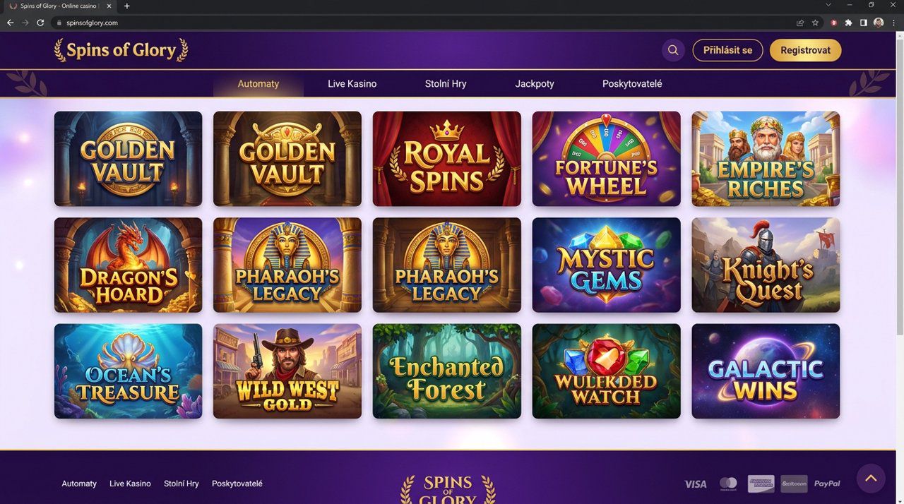 Úvodní stránka online casina Spins of Glory s nabídkou automatů a her