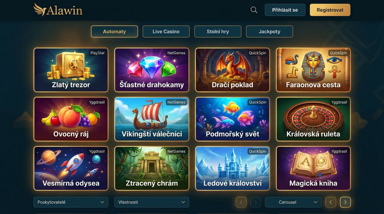 Úvodní stránka online casina Alawin s nabídkou automatů a živého kasina