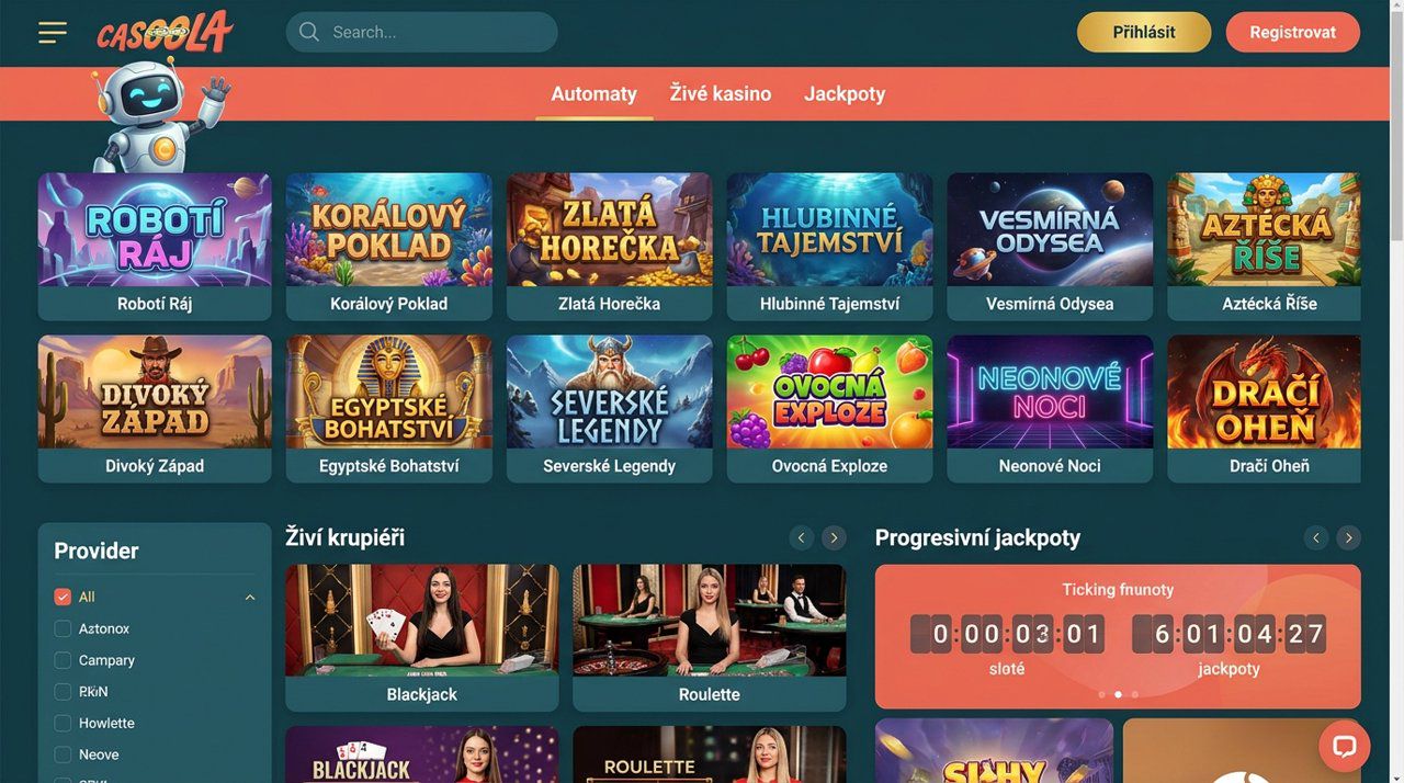Úvodní stránka online casina Casoola s nabídkou automatů, živého kasina a jackpotů