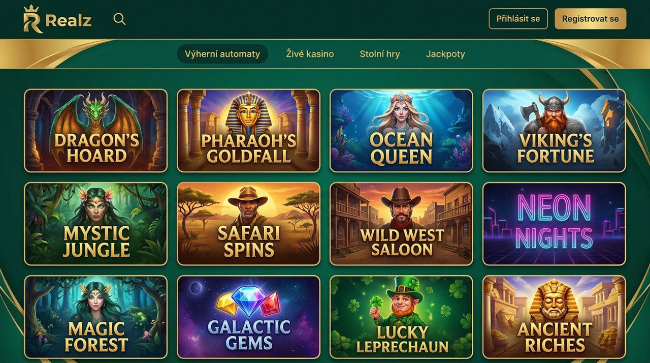 Snímek domovské stránky online casina Realz s nabídkou her