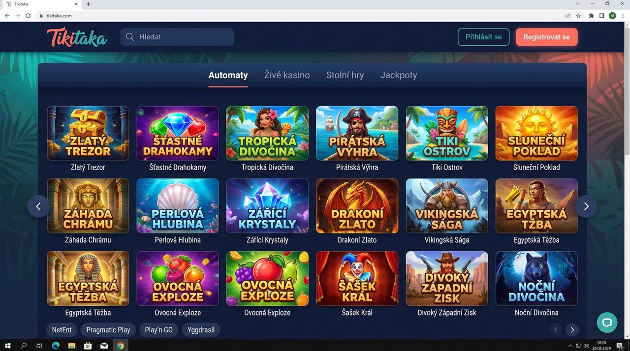 Úvodní stránka online casina Tikitaka s nabídkou automatů a kategoriemi her